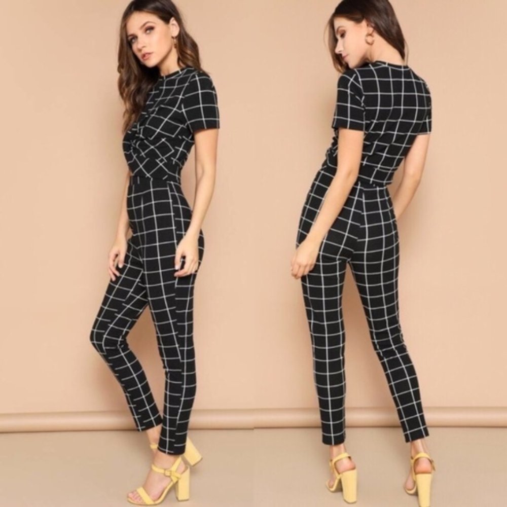 SHEIN Black & White Window Pane Grid Legging Pants - Picture 2 of 8